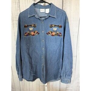 Bobbie Brooks Vintage Denim Women’s Shirt XL Embroidered Fall Pumpkins Leaves